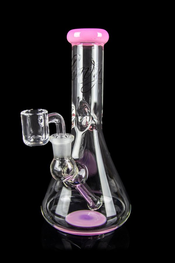 Clear glass bong with pink accents and intricate internal perculation, featuring a glass bowl and downstem.