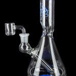 Glass bong with blue accents and a quartz nail.