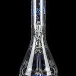 Clear glass water pipe (bong) with blue accents and intricate glasswork.