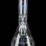 Clear glass bong with blue accents and intricate internal filtration system, isolated on a black background.