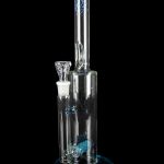 Glass cannabis water pipe (bong) with blue accents and intricate design, isolated on a black background.