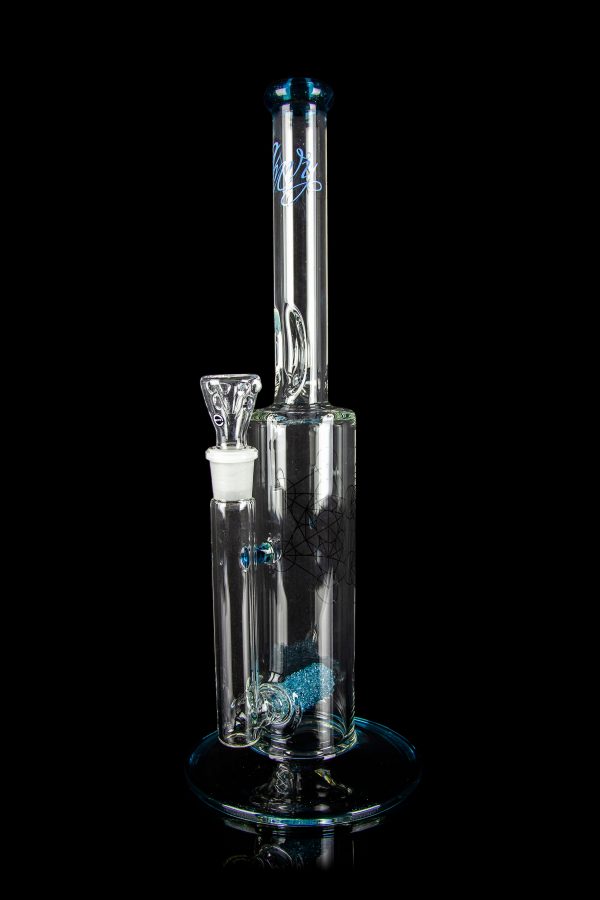 Glass cannabis water pipe (bong) with blue accents and intricate design, isolated on a black background.
