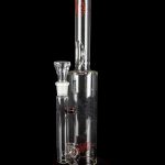 Clear glass water pipe (bong) with red accents and intricate geometric patterns, isolated on a black background.