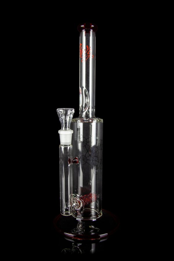 Clear glass water pipe (bong) with red accents and intricate geometric patterns, isolated on a black background.