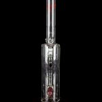 Glass water pipe (bong) with intricate etched design and red accents, isolated on a black background.