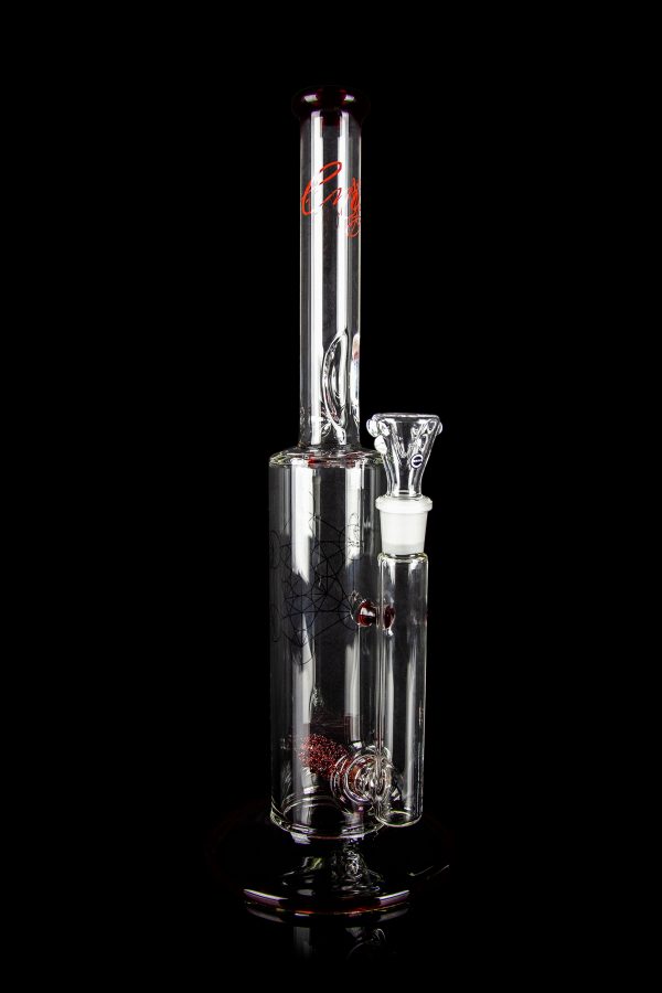 Clear glass water pipe (bong) with red accents and intricate web-like designs, studio shot on black background.