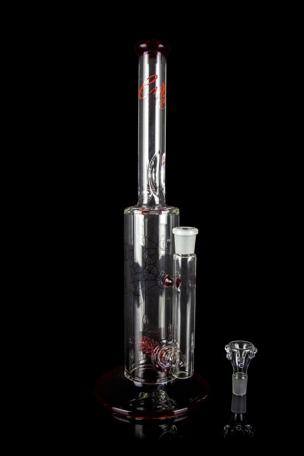 Clear glass water pipe (bong) with red accents and a glass bowl, isolated on a black background.