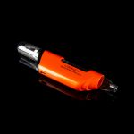 Orange cannabis oil vaporizer pen with visible oil reservoir against a black background.