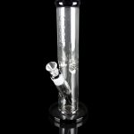 Clear glass water pipe (bong) with ice catcher, studio shot on black.