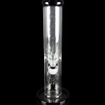 Clear glass water pipe with percolators, isolated on a black background.