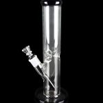Clear glass bong with ice catch and removable downstem, studio shot on black.