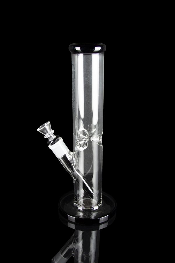 Clear glass bong with ice catch and removable downstem, studio shot on black.