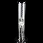 Clear glass water pipe (bong) with intricate design, studio shot on black.