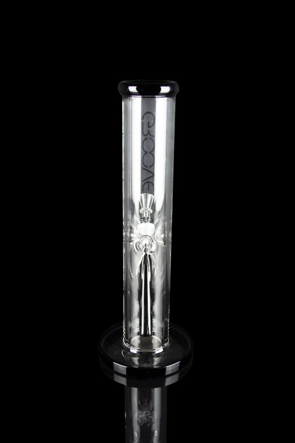 Clear glass water pipe (bong) with intricate design, studio shot on black.