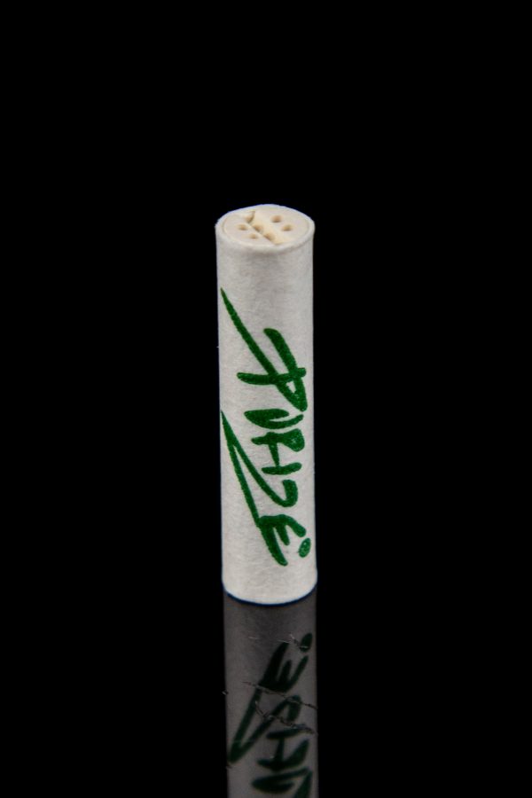 White pre-rolled cone with green “Pridel” branding, reflecting on a glossy black surface.