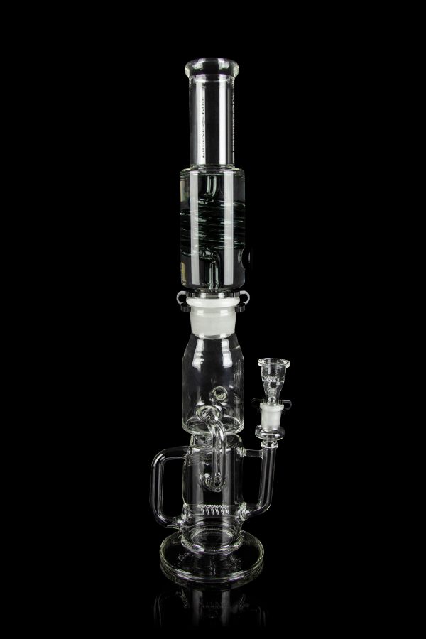 Clear glass water pipe (bong) with intricate branching percolators, against a black background.