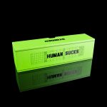 Neon green cannabis storage box with “HUMAN SUCKS” text in pink, reflected on a black surface.