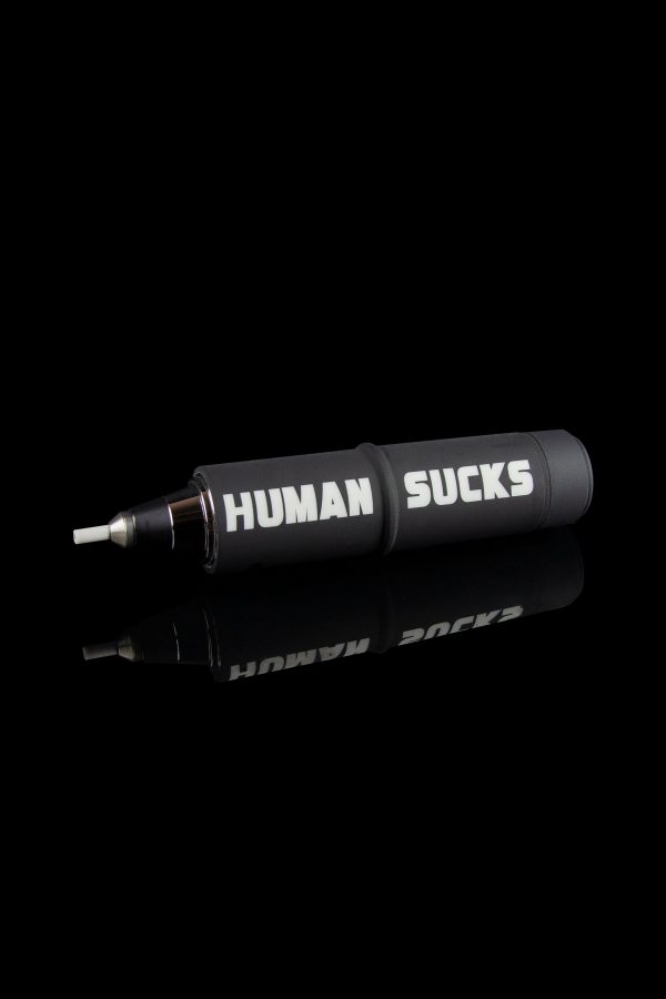 Black cannabis smoking pipe with white text reading “HUMAN SUCKS” displayed on its side.