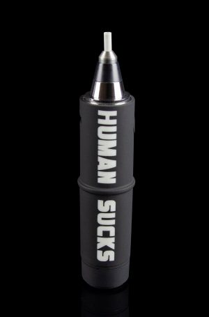 Black and silver electronic nectar collector with “HUMAN SUCKS” vertically printed in white.