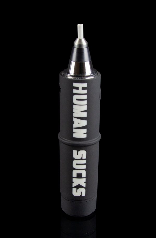 Black and silver electronic nectar collector with “HUMAN SUCKS” vertically printed in white.
