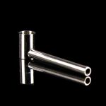 Clear glass bubbler with two mouthpieces against a black background.