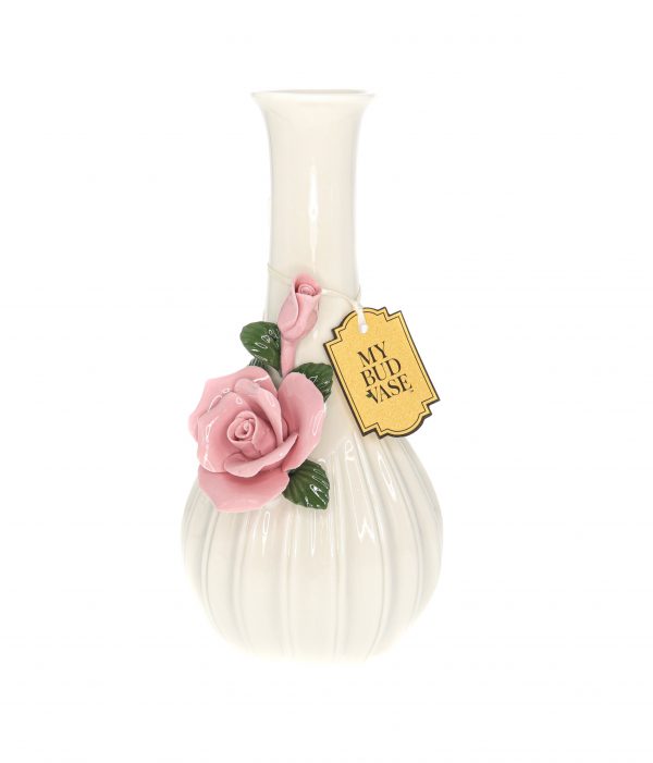 A side view of the My Bud Vase Rose Porcelain Vase Water Pipe, showcasing its delicate floral design and smooth white finish.
