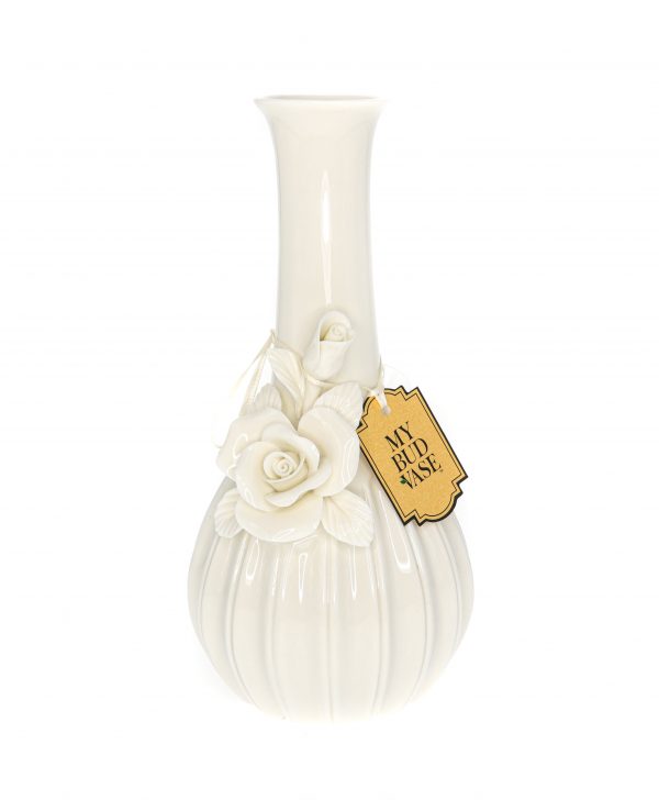 A front view of the My Bud Vase Rose Porcelain Vase Water Pipe, showcasing a delicate floral design in white porcelain.