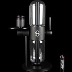 Sleek black and clear glass dab rig with a unique vertical ribbed design and dollar sign logo.