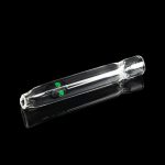 Clear glass chillum pipe with green accents, isolated on a black background.