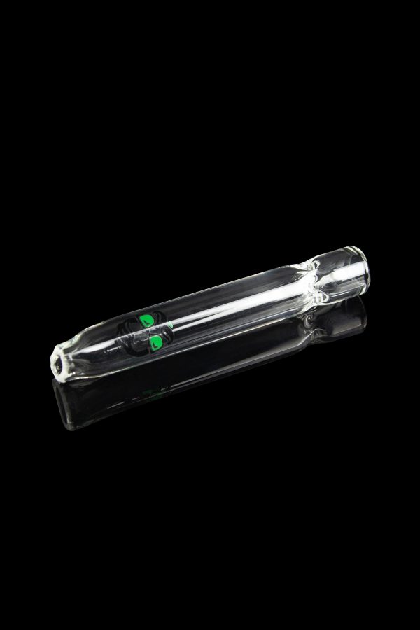 Clear glass chillum pipe with green accents, isolated on a black background.