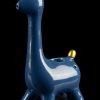 Blue ceramic giraffe-shaped water pipe with gold horns, reflecting on a black surface.