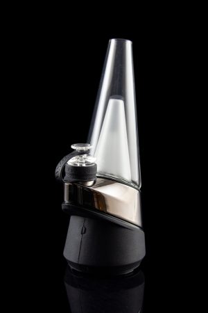 Sleek, black and silver cannabis e-rig vaporizer with a glass water pipe attachment, displayed on a reflective surface.