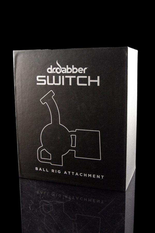 Black box for a “droabber Switch” cannabis oil rig attachment, featuring a white line drawing of the device.