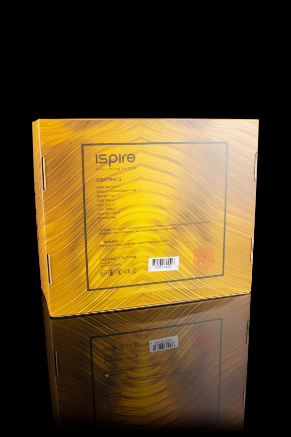 Stacked boxes for cannabis concentrate vaporizer, labeled “iSpire” with contents listed.