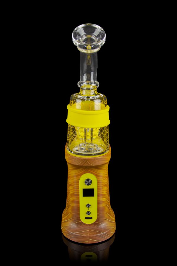 A modern, electronic dab rig with a glass bubbler and amber-colored base, displayed against a black background.