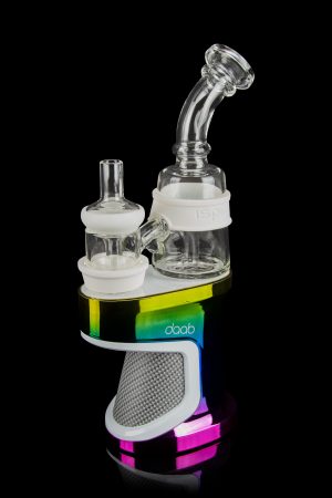 A Daab rig with a glass bubbler and quartz insert, displayed on a colorful reflective base.