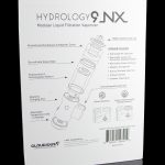 Product packaging for the Hydrology9 NX modular liquid filtration vaporizer, displaying a technical diagram of the device and its components.