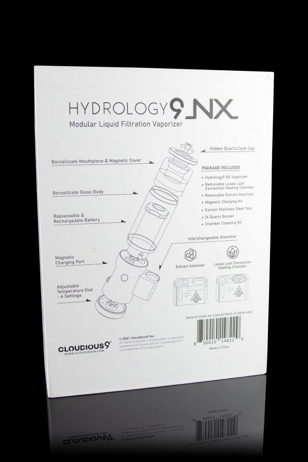 Product packaging for the Hydrology9 NX modular liquid filtration vaporizer, displaying a technical diagram of the device and its components.