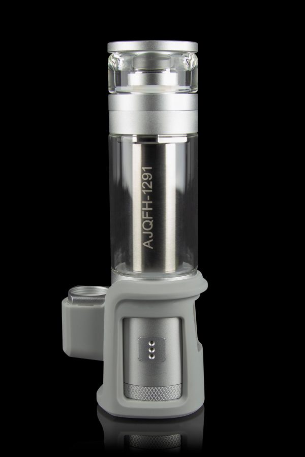 Silver cannabis oil vaporizer pen with a transparent tank, displaying “AJQFH-1291” vertically on its side, against a black background.