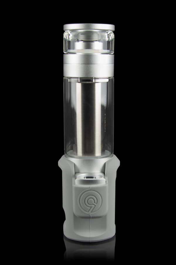 Silver and frosted glass cannabis oil rig with a cylindrical shape and visible internal components, against a black background.