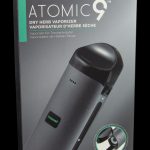 Black Cloudious9 Atomic9 dry herb vaporizer with packaging, showcasing its sleek design and labeled features.