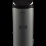 Sleek, matte black cannabis vaporizer pen with a clear mouthpiece and indicator lights.