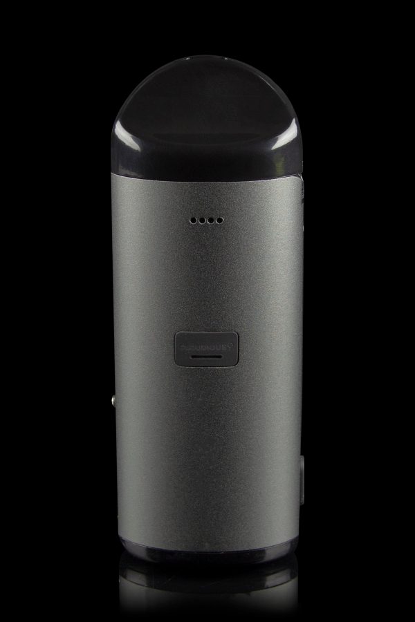 Sleek, matte black cannabis vaporizer pen with a clear mouthpiece and indicator lights.