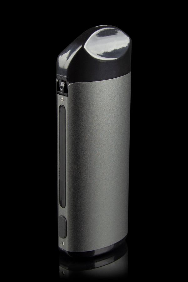 Sleek, gray cannabis vaporizer pen with a minimalist design, studio shot against a black background.