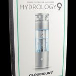 Product packaging for Cloudious9 Hydrology cannabis vaporizer, featuring a silver device with a clear liquid chamber.