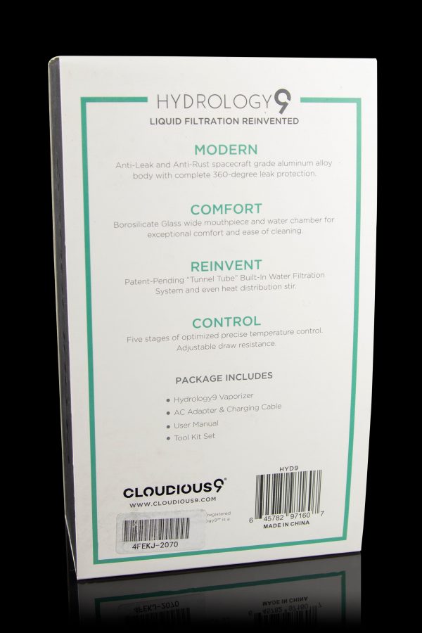Product packaging for the Hydrology9 vaporizer, detailing features like water filtration, temperature control, and included accessories.