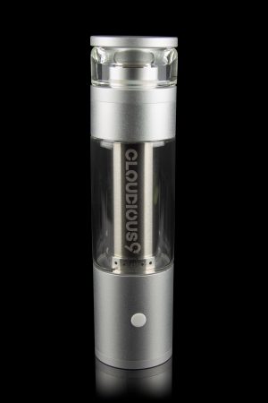 Silver cannabis e-rig with glass bubbler, labeled “Cloudious9.”