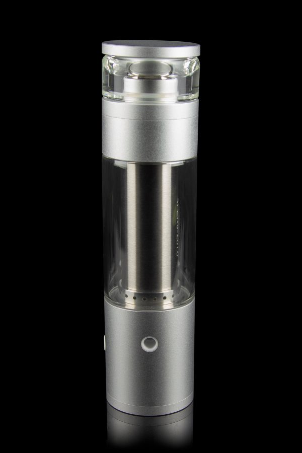 Sleek silver cannabis oil rig with a glass bubbler chamber, displayed against a black background.
