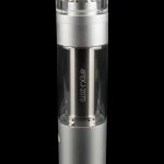 Silver cannabis oil vape pen with a glass mouthpiece and engraved serial number, isolated on black.