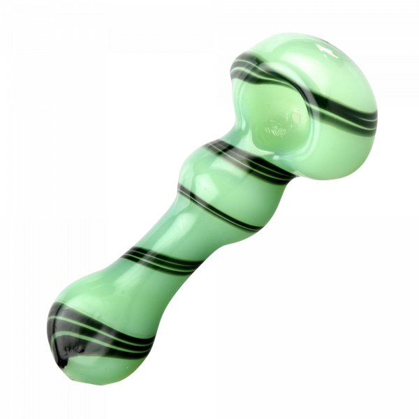 A close-up, angled view of the Jade Green Black Swirl Spoon Pipe, showcasing its smooth, swirling glass design.